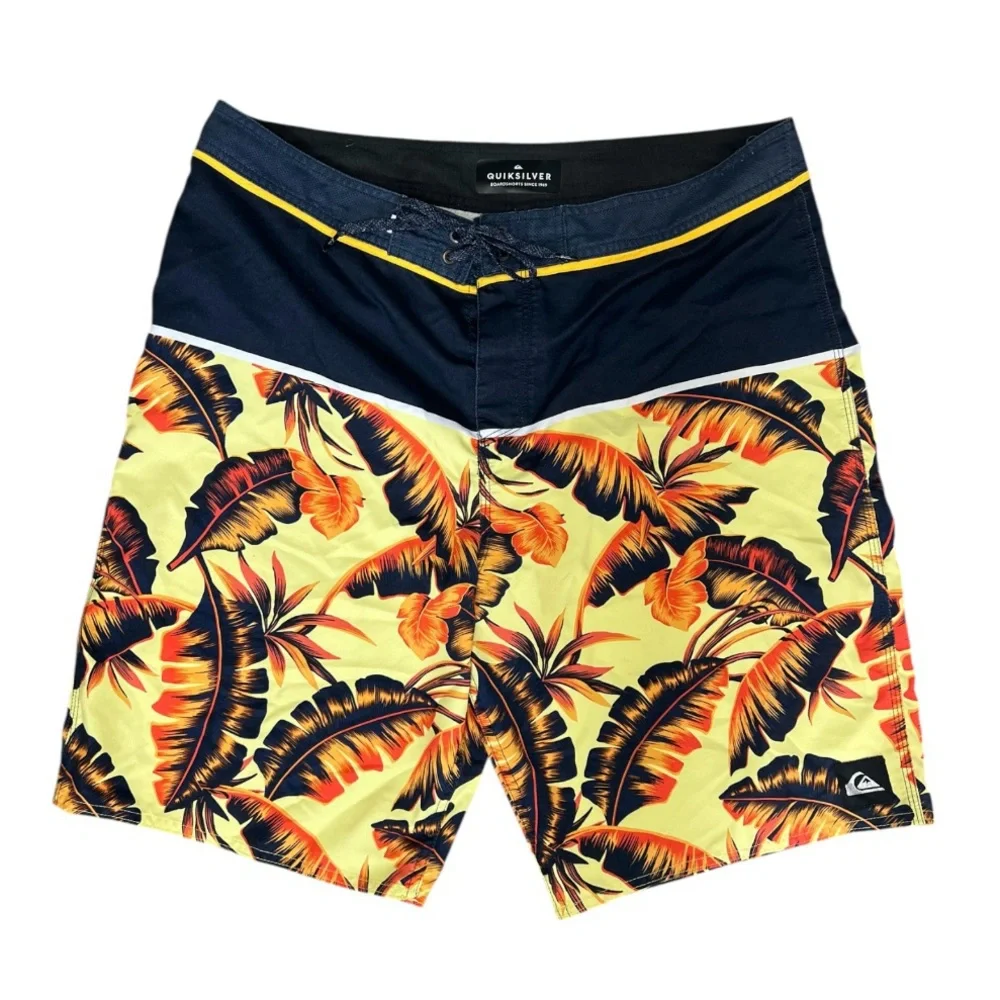 Quiksilver yellow & navy palm leaf blue board Shorts swimwear summer trunks